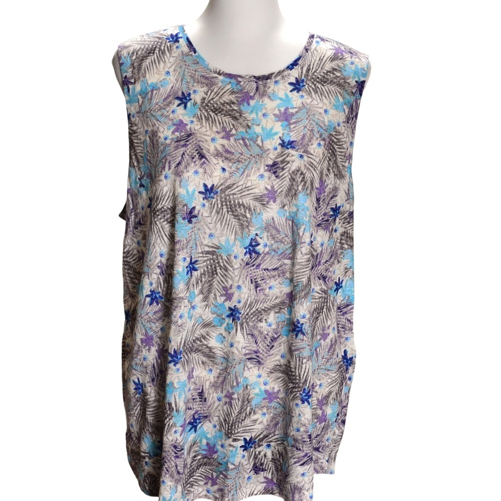J. Jill‎ Love Linen Tank Top Womens L Blue Floral Tropical Palm Sleeveless Knit